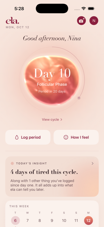 The ela home screen, showing cycle day 10, the follicular phase, and today's insight.