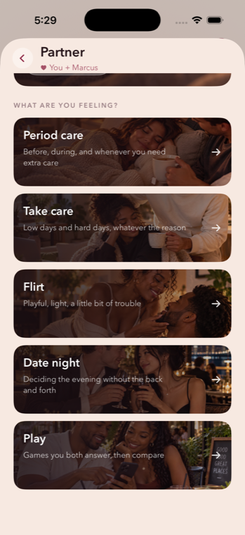 Partner Mode: Period care, Take care, Flirt, Date night and Play.